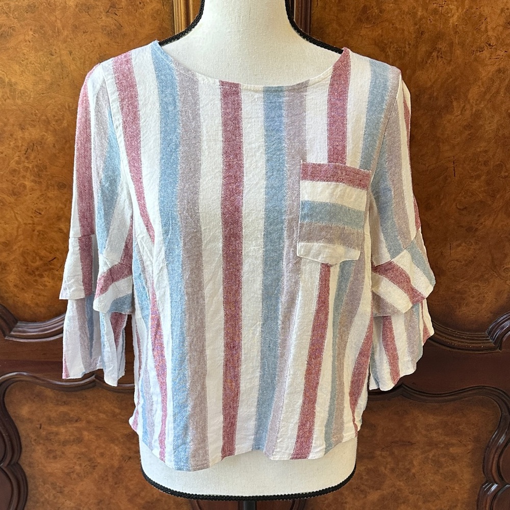 URBAN Romantics Striped Cotton/Linen Top with Pocket - Picture 3 of 11